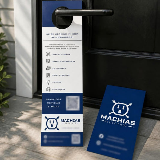 Client example: electrician door hanger with tear-off card on a front door