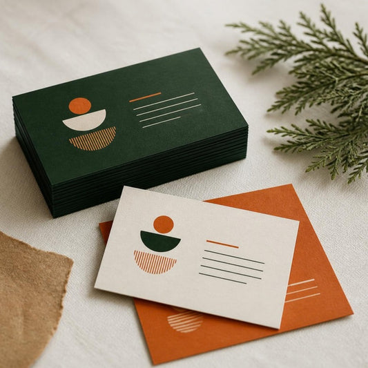 Custom printed business cards in evergreen, cream, and rust on linen