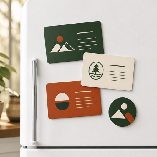 Custom promotional magnets in evergreen, cream, and rust on a refrigerator