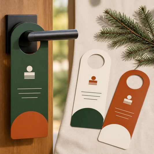 Custom printed door hangers in evergreen, cream, and rust on a front door handle