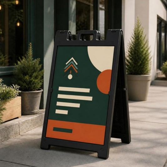 Custom black plastic A-frame sidewalk sign outside a storefront