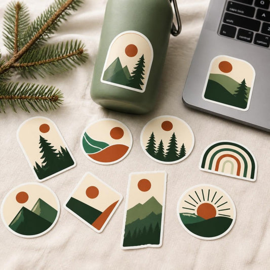 Custom die-cut stickers on a water bottle, laptop, and linen