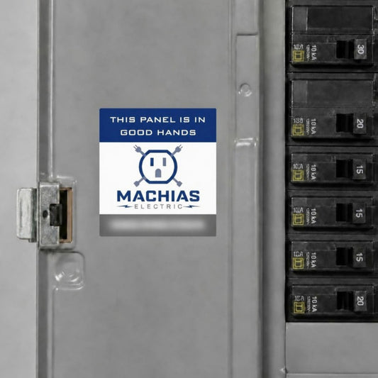 Client example: 3x3 inch electrician sticker on a breaker panel door